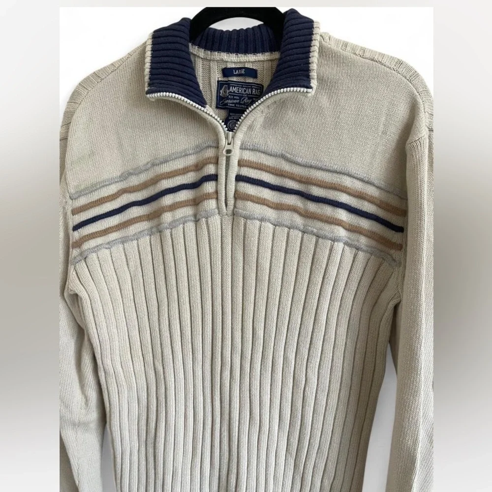 Cream and Navy American Rag QuarterZip preppy style sweater
